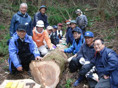 阿武隈山中杉の伐採　プロジェクト伝の面々